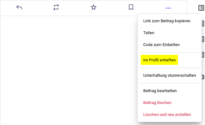 Screenshot eines Menüs; der Eintrag "Im Profil anheften" ist hervorgehoben