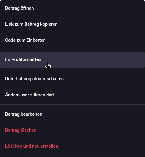Screenshot eines Menüs; der Eintrag "Im Profil anheften" ist hervorgehoben
