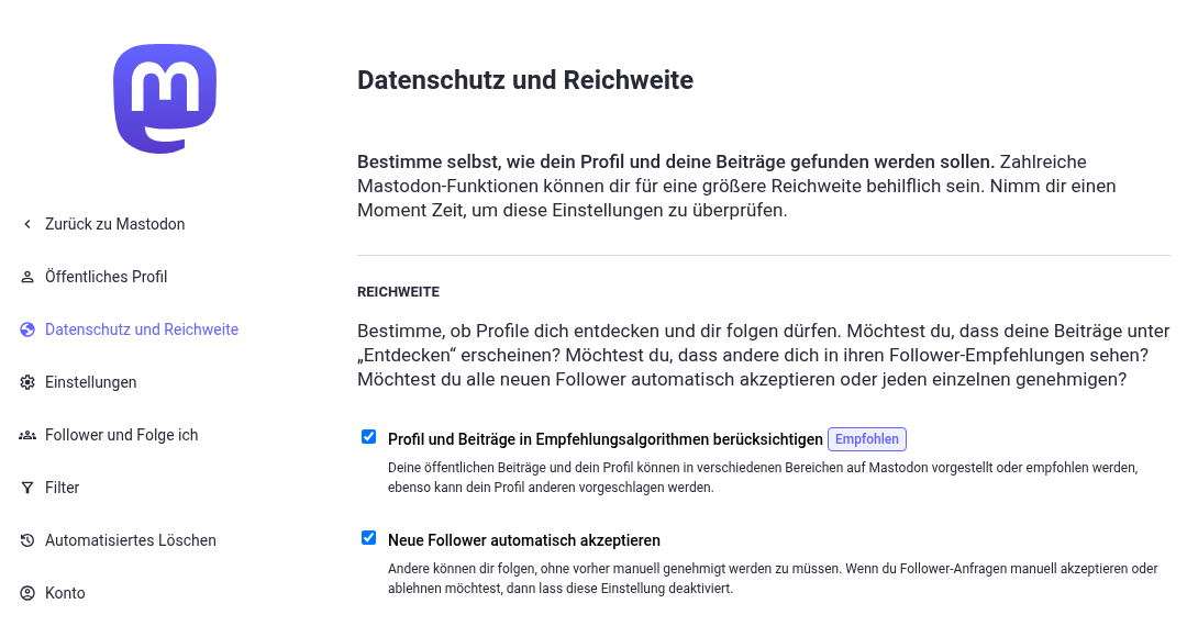 Screenshot der "Datenschutz und Reichweite"-Einstellungen